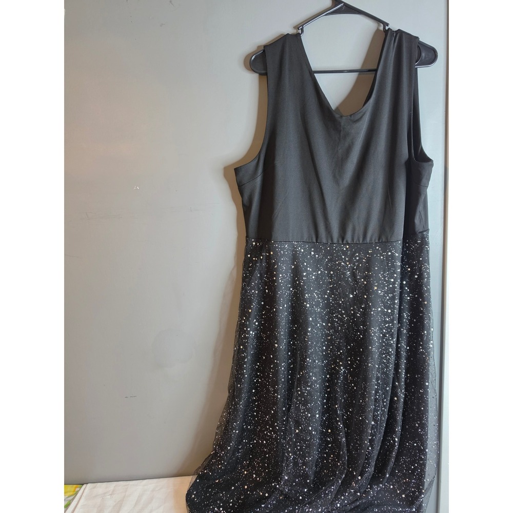 Black V-Neck Glitter Tulle Midi Dress Sleeveless Sparkle Party Gown 3XL